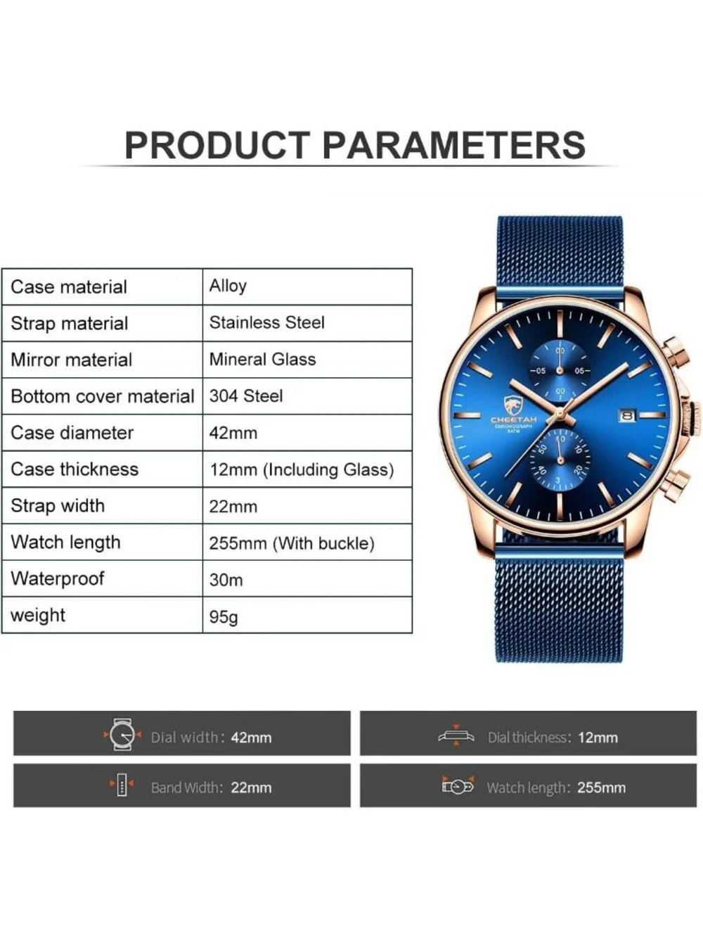Men's Rose Blue Mesh Stainless Steel Minimalist Quartz Analog Chronograph Watch
